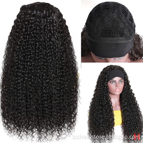 Wholesale Headband Brazilian Hair Half Curly Wig 150 Density Natural Black Deep Wave Machine Made Headband Wig For Black Women